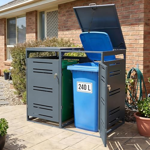 COSTWAY Cache Poubelle Exterieur 2 x 240 L, Abri Poubelle Exterieur Double en Métal avec Vérin à Gaz, Amortisseur, Portes Verrouillables, Range Poubelle Exterieur pour Patio, Jardin, Cour (Gris)