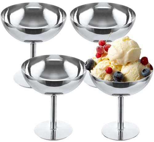 MIUUIPI 4er Set Edelstahl Eisbecher, Ø 10cm, 200ml Dessertschale mit Fuß, Cocktail Gläser, Ice Cream Sundae Dessertgläser für Obst, Salat, Joghurt & Pudding, ideal für Hochzeiten & Partys