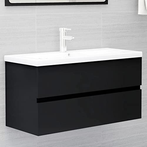GeenYuu Mobile sottolavabo con lavabo da incasso, nero, in legno, 90 x 38,5 x 45 cm, con cassetto e rubinetto, per bagno, lavandino, mobile da bagno, per riporre oggetti e ordine