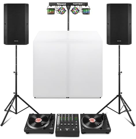 Vonyx Vinyl DJ Package with 2 Direct Drive Turntables, 4 Channel DJ Mixer, DJ Booth, 2 x 15 Inch Active PA Speakers, Stands, Party Light Bar and Cables