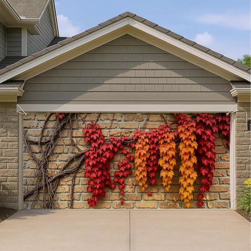 Copertura per porta del garage con foglie autunnali, design rustico di edera rossa e arancione, decorazione autunnale per esterni, decorazione per casa, Ringraziamento e Halloween, 390 x 180 cm