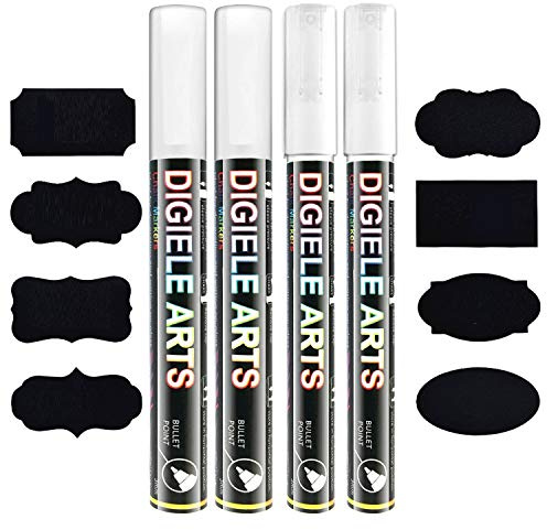 DIGIELE Kreidestift, 2 Stück Kreidestift Weiß 3mm + 2 Stück Kreidemarker Weiß 6mm + 16 tafel labels, Reversibel Stiftspitze, Trocken oder Feucht Abwischbare Flüssigkreide für Tafel, Fenster, Glas