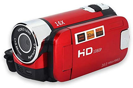 Digitaler Camcorder, 1080P 16X Full HD, hochauflösender 270 ° -Rotations-L-Camcorder, tragbare Video-DV-Kamera mit 2,7-Zoll-Display für Home Party Camping(EU-Stecker rot)