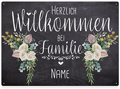 Haustürschild mit Name - Herzlich Willkommen bei Familie - Metallschild mit Familienname personalisieren, Outdoorschild aus Aluminium | Wetterfest, Blumen-Motiv, 28x20 cm