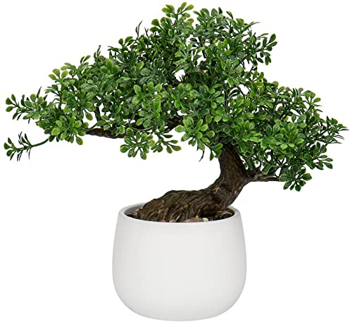 Fake Bonsai Tree Zen Juniper Bonsai Plant 9” Tall Artificial Bonsai Trees with White Ceramic Pot Decorated with Pebbles Desk Plant Indoor Bonsai for Home Office Decor
