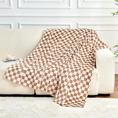 FY FIBER HOUSE Karrierter Flanell-Fleece-Decke Weich und Gemütlich Karo-Gitterdruck Schachbrettmuster Gingham-Muster Decke für Bett, Couch, Sofa, 60x80 (152 x 203 cm), Khaki