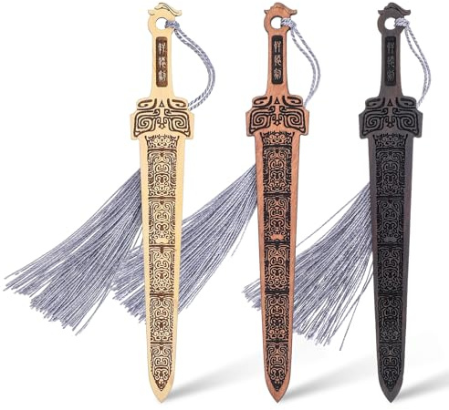 Nogeqi 3 Pcs Wooden Sword Bookmark,Cool Bookmarks with Tassel,Vintage Book Marks for Reading Men,Book Reading Accessories,Gift for Men Teacher and Student Office School Library Bookstore(Black Brown)
