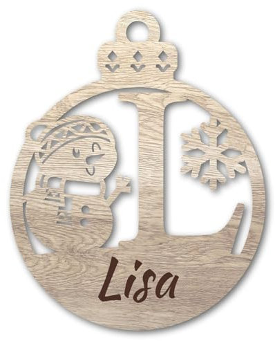 Urhome Weihnachtskugel personalisiert mit Wunschtext Gravur Buchstabe L mit Schneeman Motiv Hell Braun - Ornament Christbaumschmuck Weihnachtsdeko Weihnachtsbaum Anhänger aus 3mm Holz