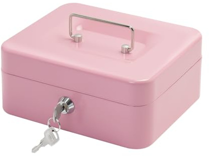 Caisse à monnaie en acier avec serrure à clé, petit organisateur d'argent en métal avec plateau d'argent, boîte de rangement pour espèces avec couvercle verrouillable (rose, 20 x 16 x 8,5 cm)
