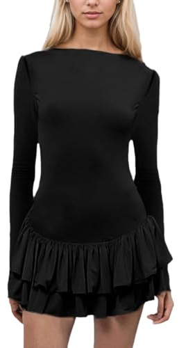 EMOTTOS Mini Vestido de Mujer Sexy, Elegantes Vestidos de Cóctel con Dobladillo de Volantes, Vestido Fiesta con Cuello Redondo, Vestidos de Swing para Clubbing Fiesta Cóctel Cumpleaños, Negro, S