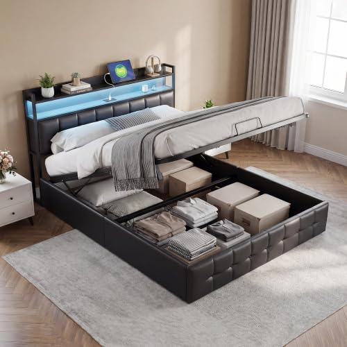 Polsterbett 140x200 cm mit LED,Doppelbett mit Stauraum Kopfteil und USB-C Ladefunktion, Hydraulisch Stauraumbett Rückenlehne Bettgestell mit Lattenrost, PU-Oberfläche, Schwarz (Schwarz, 140x200)