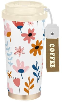 Amooorous Vaso decorativo de café de viaje con tapas para llevar con diseño de flores y hojas, taza de café de acero inoxidable aislada para bebidas frías y calientes, 481.9 g
