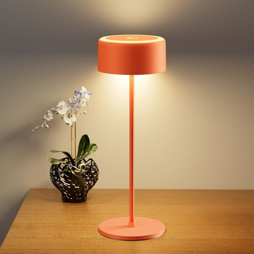 TYEE Tischlampe Kabellose LED Dimmbare Akku Tischleuchte, Wiederaufladbar Warme Lichtfarbe 2200-3000K Tischleuchte Für Innen und Aussen mit USB-C, Aluminium Tischlampe IP54 Wasserdichte, Orange