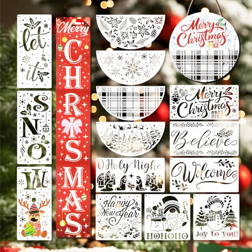 17 Stück Weihnachtsschablonen Set – Wiederverwendbare Malschablonen mit Weihnachtsgrüßen und Motiven wie Merry Christmas Schneeflocken Elch Santa für Holz Stoff Fenster Wanddeko