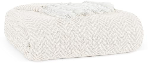 EHC Chevron Throw Blanket, Handwoven Cotton Throws for Sofas Bed Sofa Settee Couch Reversible Bed Cover Over Bedspread, Single 127 x 152 cm, Ivory
