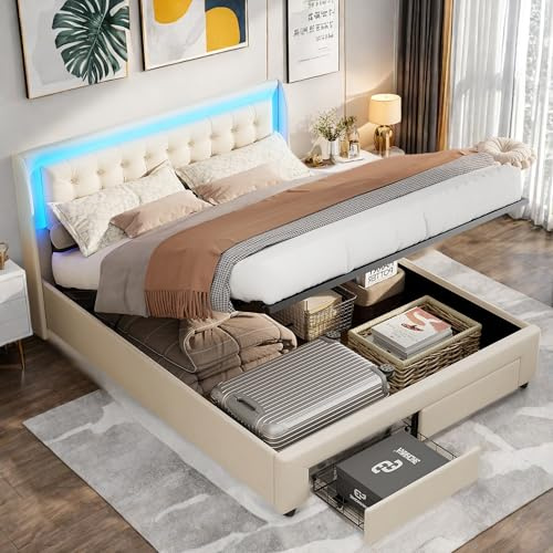 SHAODENG Boxspringbett 180x200 Doppelbett mit LED-Kopfteil, Hydraulisch Stauraumbett mit 2 Schubladen, Bettgestell mit Stauraum und Lattenrost, Beige Samt Gepolsterte Bett, ohne Matratze