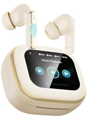 Wireless Earbuds, Bluetooth 5.4 Headphones, True ANC Active Noise Cancelling in Ear Buds with Smart Touchscreen Case, 60H Playtime for Sports & Working, Bass Stereo Sound for iPhone/Android-Beige