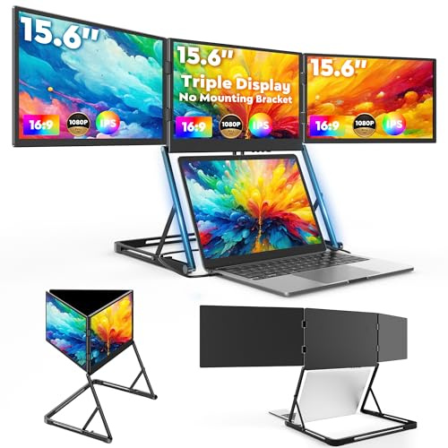 HONGO Triple Portable Monitor for Laptop - 15.6 Portable Screen FHD IPS Foldable Laptop Screen Extender with Adapter, USB-C/HDMI Portable Laptop Monitor with Stand, Compatible with Mac/Windows/Linux