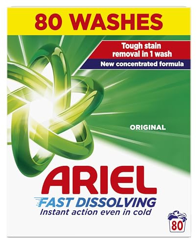 Ariel Fast Dissolving Washing Powder Laundry Detergent 4kg, 80 Washes, Original, Tough Stain Removal in 1 Wash, Instant Action Even in Cold
