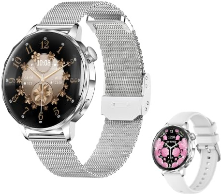 LONGLU Montre Intelligente pour Femmes – Écran 1,27, Fréquence Cardiaque/SpO2/Tension Artérielle/Sommeil, Suivi du Cycle, Traqueur Fitness IP68 pour iOS Android (Argent, H)