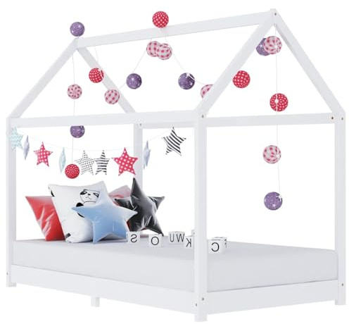 vidaXL Kiefernholz Massiv Kinderbett Hausbett Bettenhaus Spielbett Kinder Bett Kinderhaus Holzbett Bettgestell Lattenrost Weiß 90x200cm