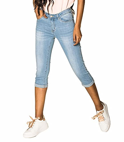 Nina Carter P132 - Pantalones vaqueros para mujer, corte ajustado, cintura alta, aspecto desgastado, efecto lavado, Azul Claro P132-6, XL