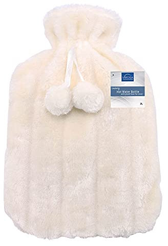 VIROSA Luxury Hot Water Bottle with Soft Faux Fur Cover & Pom Poms – 2 Litre Large Leakproof Rubber Bottle for Neck, Shoulder, Back Pain Relief & Hand and Feet Warmer (Cream)