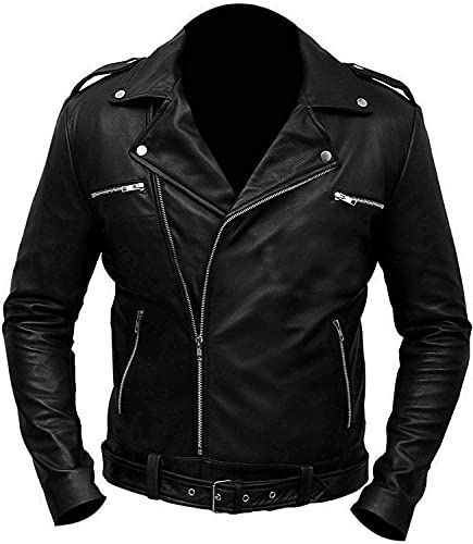 SKY-SELLER Mens Negan Padded Black Leather Jacket - Walking Brando Motorcycle Jeffrey Dean Morgan Jacket With Padding