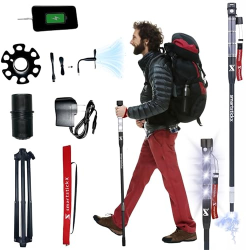SmartstickX Tactical Walking Stick Staff Self Defense Stun Gun, 2 Bright LED Light Modes, Military Grade Aluminum, USB Charging Port/Fan, Outdoor Adventures, Trekking, Survival Hiking Tactical Tool