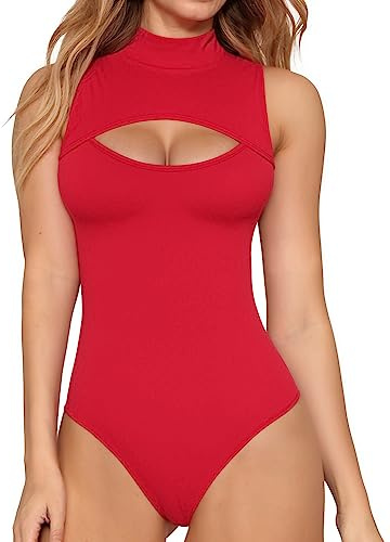 MANGOPOP Dam stoppad hals utskuren främre bodysuit långärmad ärmlös sköldpadda hals kropp kostymer sexiga toppar, Röd ärmlös, XL