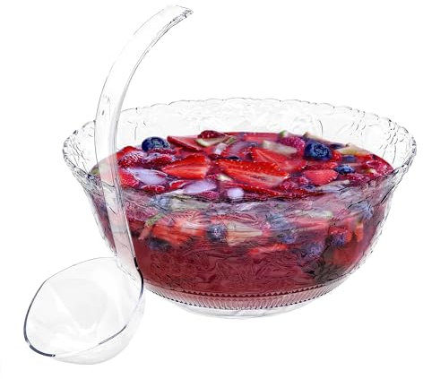 Large Clear Plastic Punch Bowl Set with Ladle, 8 Quart Serving Bowl for Parties, Clear Plastic 5 oz Serving Ladle, Embroidered Punch Bowl with Serving Ladle for Parties, BPA-free