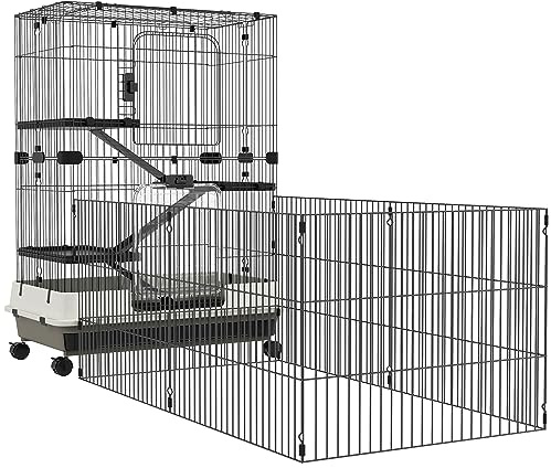 PawHut Gabbia per piccoli animali rotolanti 3 piattaforme smontabili 3 rampe vassoio inferiore rimovibile metallo PP 182 x 81 x 114 cm, nero