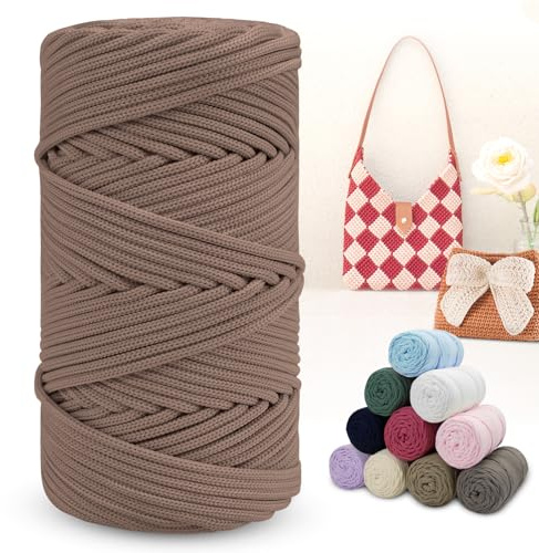 LEREATI Polyester Garn 150m Makramee Garn 4mm Geflochten Polyester-Seil Farbig Häkelgarn, Macrame Cord 4mm für Häkeltasche Umhängetasche Handtasche Geschenk Strickwaren (Dunkel Kamel)