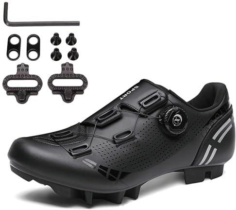 PENXZT Herren Damen MTB Schuhe, Fahrradschuhe Radschuhe Mountainbike Schuhe kompatibel mit SPD 2 Schrauben mit Cleats Radsportschuhe,Schwarz,43 EU