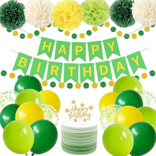 Grün Gelb Geburtstag Deko HAPPY BIRTHDAY Banner Seidenpapier Pompoms Runde Circle Girlande Grün-Gelb Gruen Konfetti Geburtstagsdeko