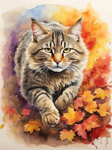 Meecaa Kreuzstich-Set, 11-fädig, Katze, Blume, Tier, Ahornblatt, Stickset mit Zubehör, vorgedruckt (40 x 50 cm) (Katze)