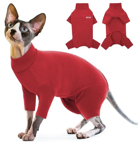 Sphynx Suéter Cálido Chaleco Polar Jersey para Gatos Sin Pelo Pijama Traje Esfinge Pequeño Mediano Grande Body Postoperatorio (Rojo, M)