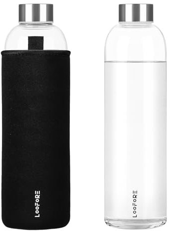 LOOFORE Borraccia in Vetro 1 litro 750 ML, Bottiglia d'Acqua Trasparente Portatile con Guaina Protettiva in Neoprene, Bottiglia Vetro 1 Litro per Acqua per Il Campeggio Viaggi tè Ufficio