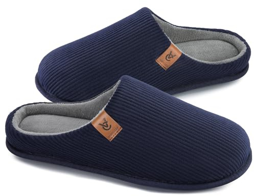 VeraCosy Men's Corduroy Slip-on Slippers House Shoes Navy Blue,8-9 UK