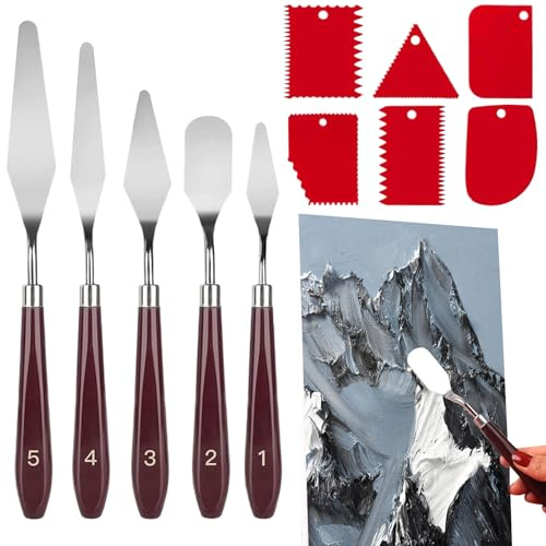 11 Stück Strukturpaste Leinwand, 6 Strukturpaste Spachtel 5 Öl Malen Palettenmesser Leimauftragsspachtel zum Malen, Palette Messer Set für Strukturpaste, Aquarell, Ölgemälde, Gouache