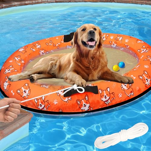 Flotador inflable de piscina para perros con cuerda, tapete flotante para cachorros, flotador para mascotas para perros pequeños, medianos y grandes de hasta 80 libras