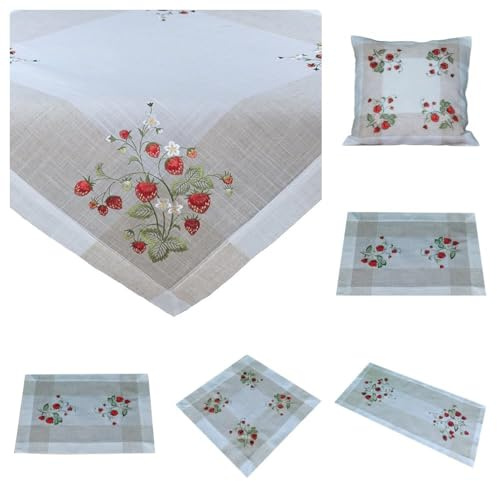 Tischdecke Mitteldecke Deckchen Frühling Sommer weiß beige Bestickt mit Erdbeeren Leinenotik Mischgewebe (85 x 85 cm)
