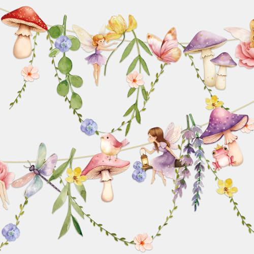 SUNBEAUTY Fairy Mushroom Banner Wildflower Party Decorations Paper Flower | Leaves Banner Fairy Garland for Wall Spring Summer Decoration Baby Shower Wedding Backdrop Decorations
