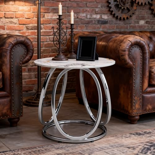 O&K FURNITURE Round End Table with Marbling Stone, Small Silver Side Table for Small Spaces, Nightstand with Shelf for Living Room, Bedroom, Office,Chrome Finish, 1 PC