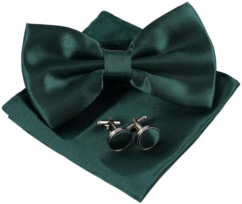 Jecdfs fliege dunkelgrün,Herren Fliegen Set aus Satin mit Einstecktuch und Manschettenknöpfen - Elegante Accessoires für besondere Anlässe, Hochzeiten, Partys und Geschäftstreffen in verschiedenen Far