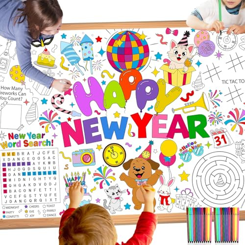 HOWAF Papier-Tischdecke zum Ausmalen Silvester Deko 2026, Happy New Year 2026 Ausmal-Tischdecke Frohes Neues Jahr Ausmaltischdecke Kinder tischdecke Silvester Basteln Kinder für Silvesterdeko Supplies
