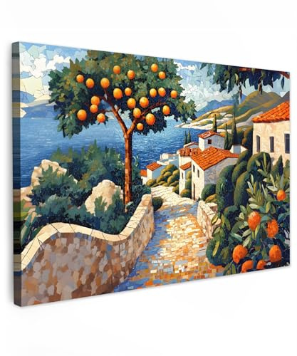 MuchoWow© Bilder Groß XXL Wohnzimmer Deko Modern Wandbild Kunstdruck | 120x80 cm - Leinwand Bild Schlafzimmer über Bett Room Decor Geschenke Häuser - Mosaik - Orangenbäume - Meer