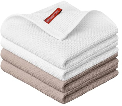 Artoid Mode Vit Brun 100% Bomull Mjuka Köksrengöringsdukar 34 x 34 cm, Förpackning med 4 Diskdukar Handdukar Absorberande Tvättbar för Diskning