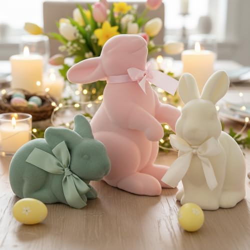 Lanpn Set de 3 Conejos de Pascua Flocados Multi-Posición, Figuras de Conejo para Decoración de Mesa, Estantería y Hogar – Decoración Primaveral (Rosa, Beige, Verde)
