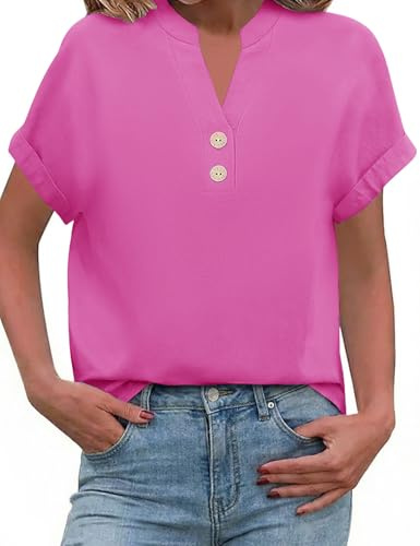 PASUDA damblus sommar elegant, v-ringad, linneblusa, knappned hals, muslingeblusa, dam, korta ärmar, toppar, casual, bomull, linne, skjorta, lös, blus, blusskjorta, grundläggande, tunika, skjorta